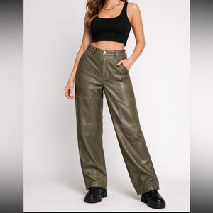 NWOT Fashion Nova Olive Green Faded Faux Leather High Waist Wide Leg Pants (XL)